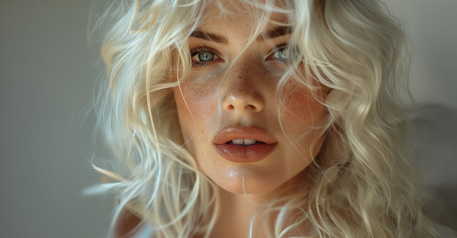 Soft blonde waves framing a freckled face