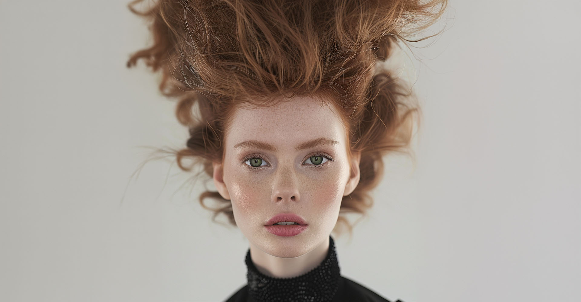 Copper hair styled with dramatic airy volume