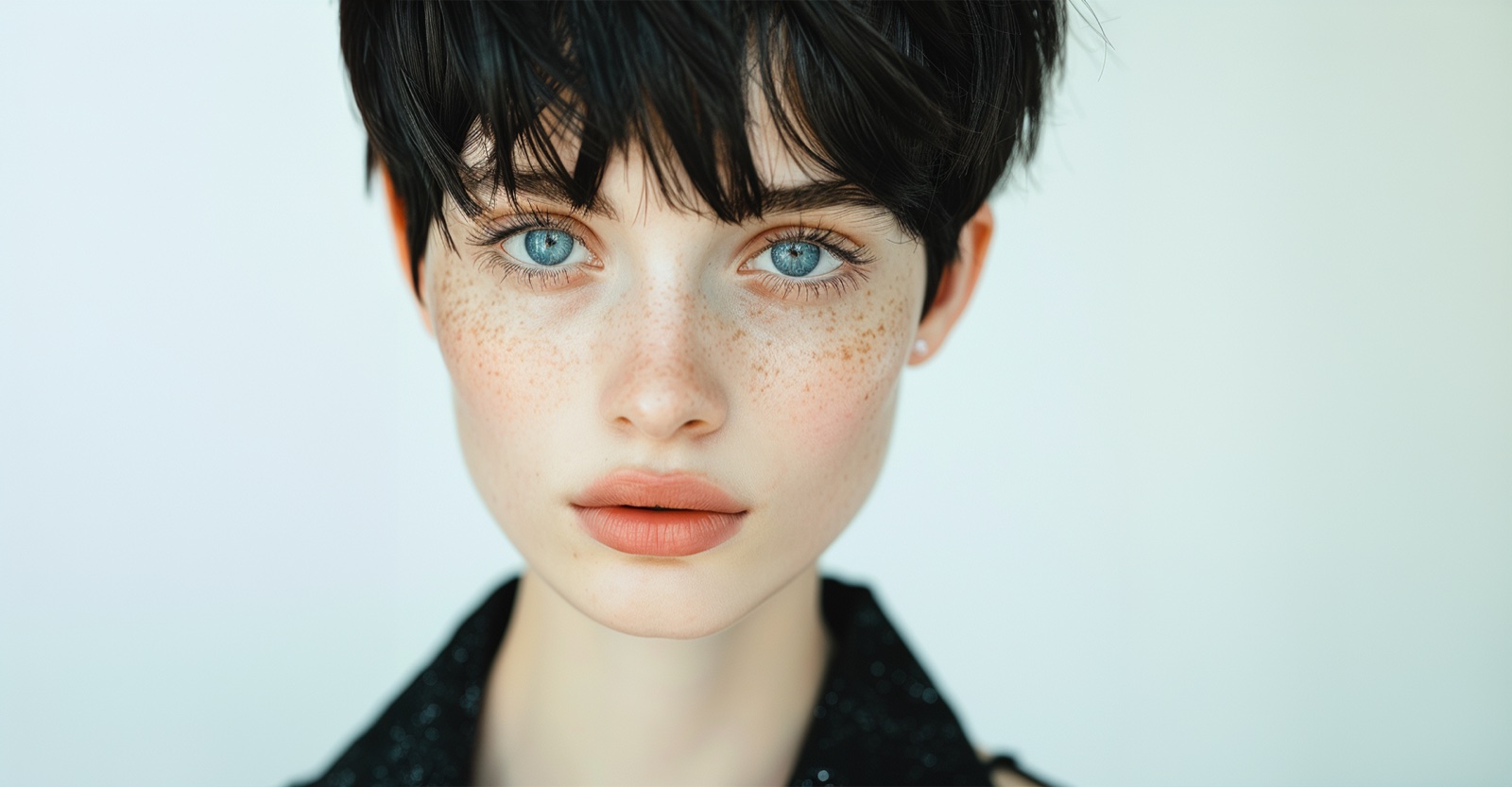 A cropped black pixie cut with a textured fringe