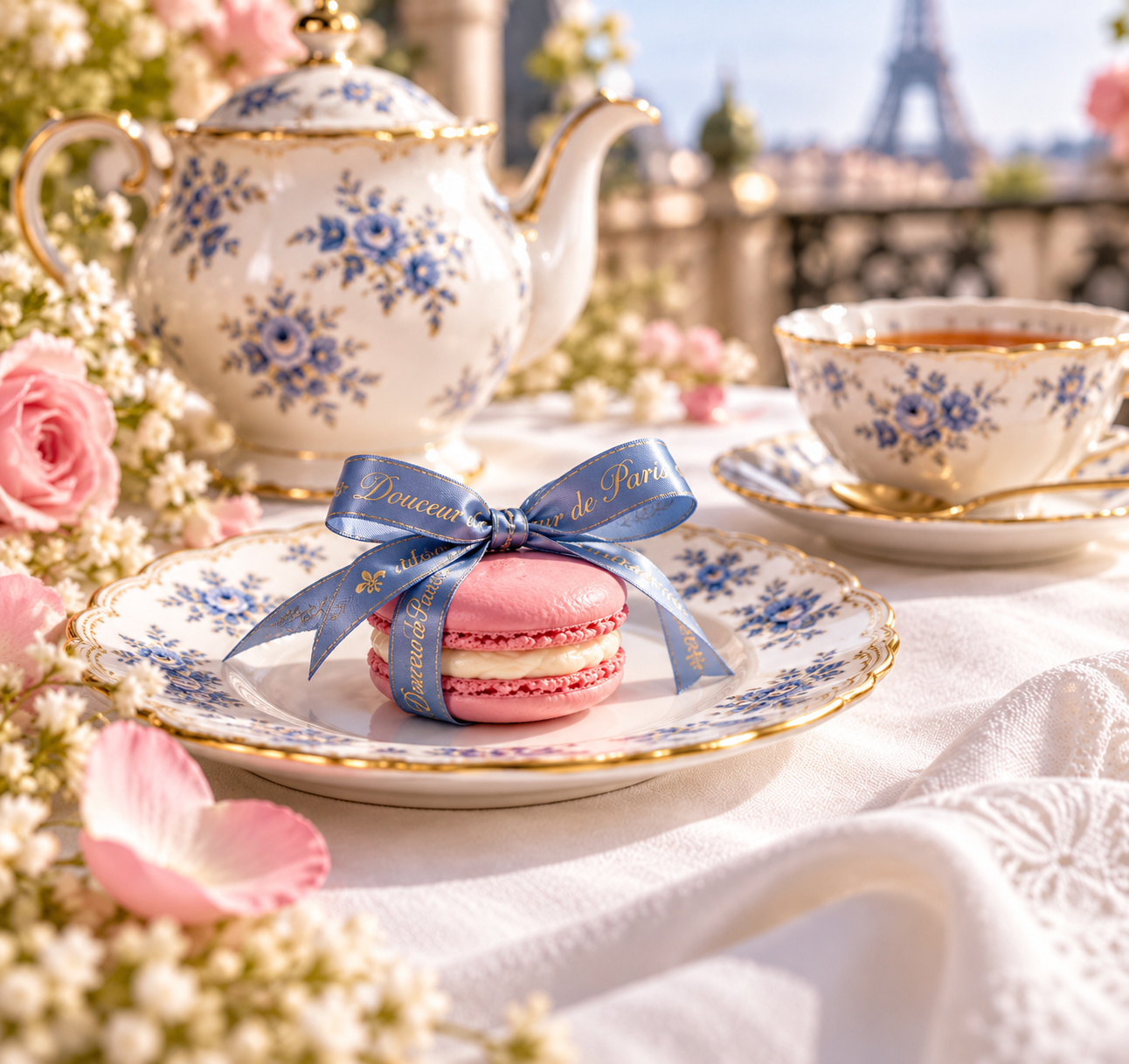 A pink macaron tied with a blue satin ribbon on a blue and white china plate, with a teapot, roses and the Eiffel Tower behind