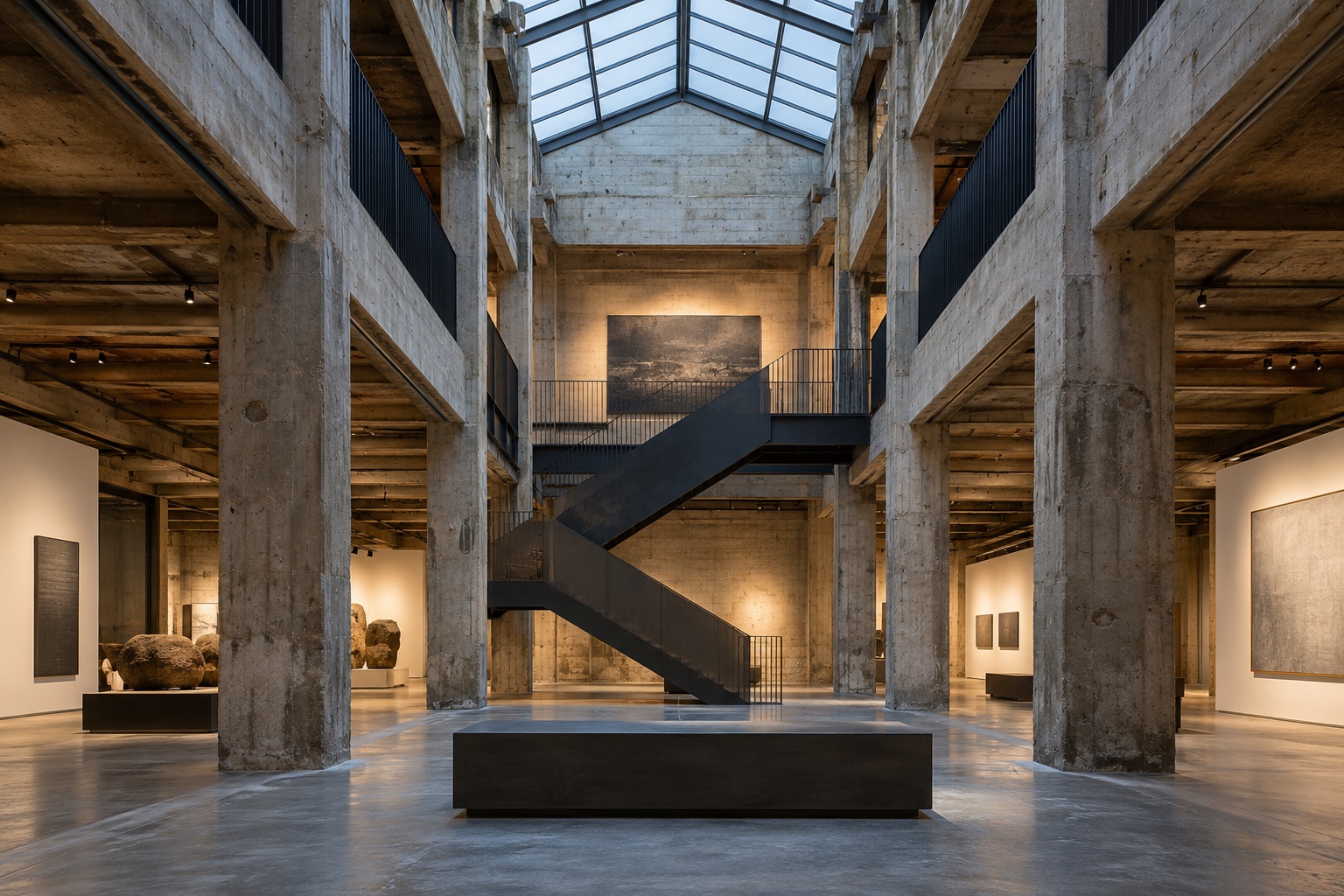 A glazed light well and blackened steel stair within the concrete gallery