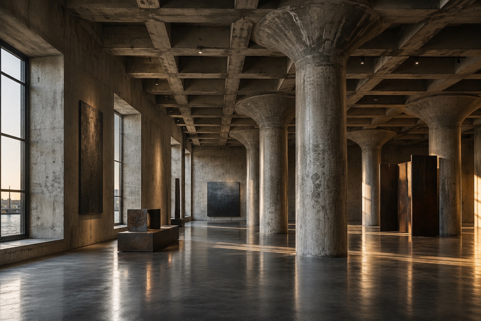 A gallery with monumental concrete columns and a coffered ceiling