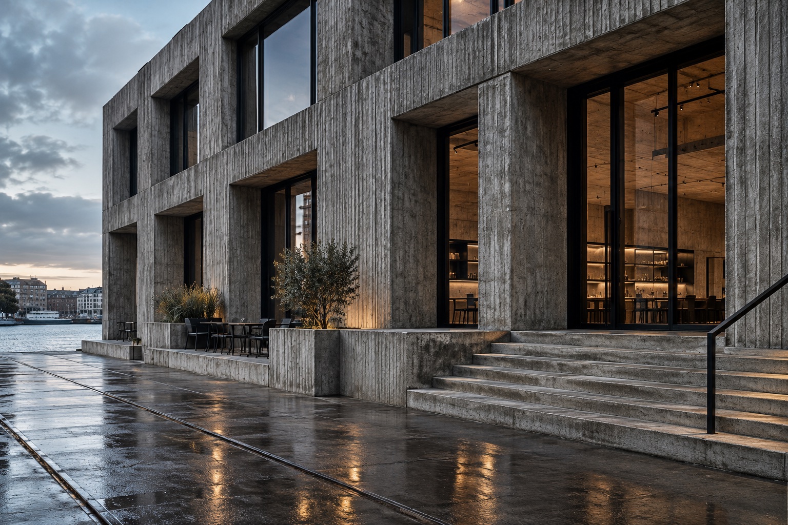 The ribbed concrete facade and recessed street-level gallery windows