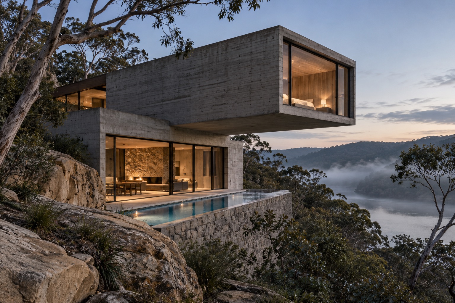 Escarpment House, stacked raw concrete volumes cantilevered above a pool