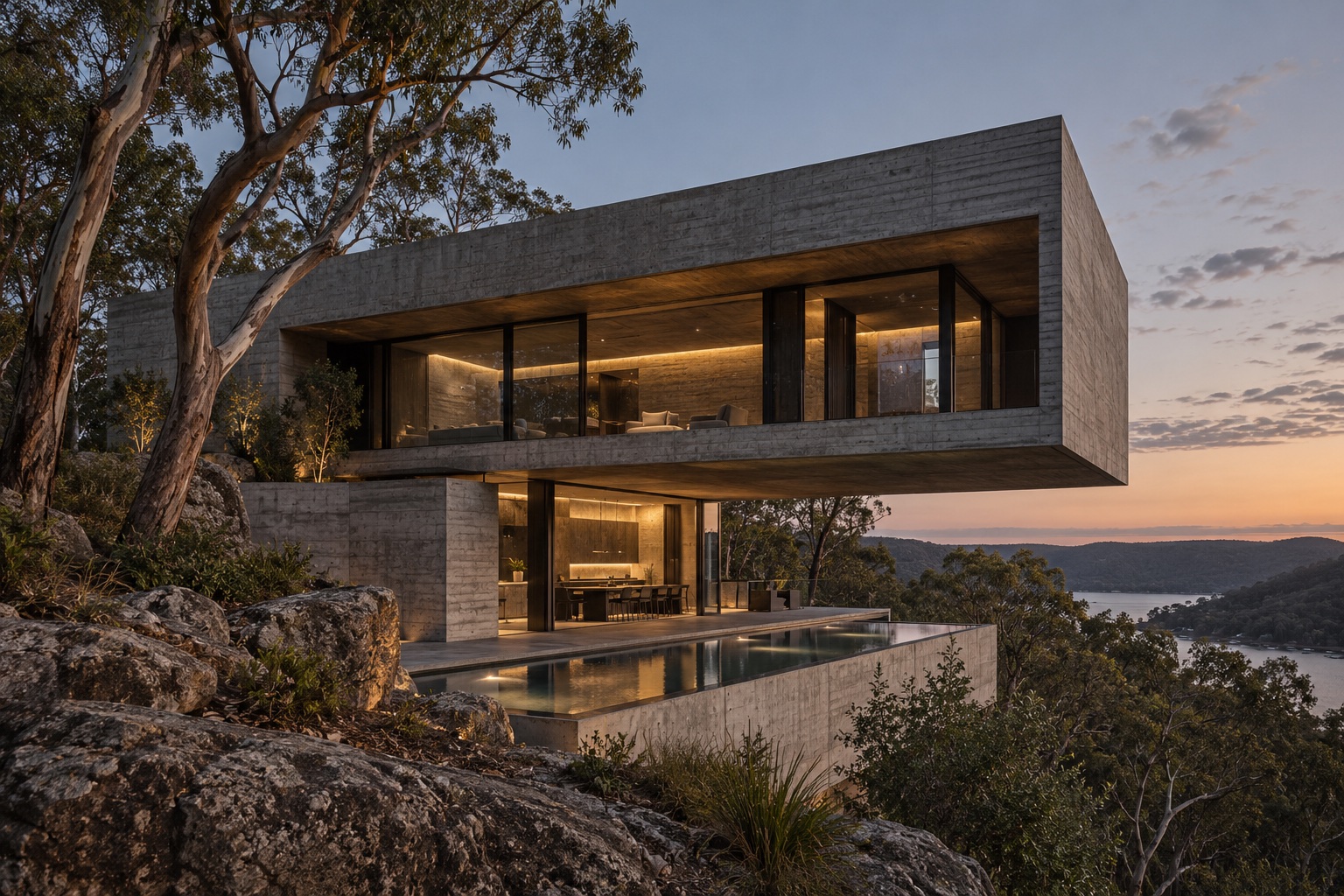 The concrete cantilever and pool at dusk with warm interior light