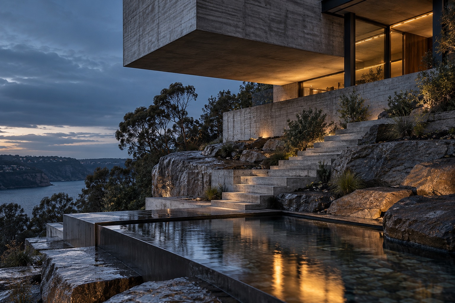 Angular concrete garden stairs and terraces beneath the cantilever