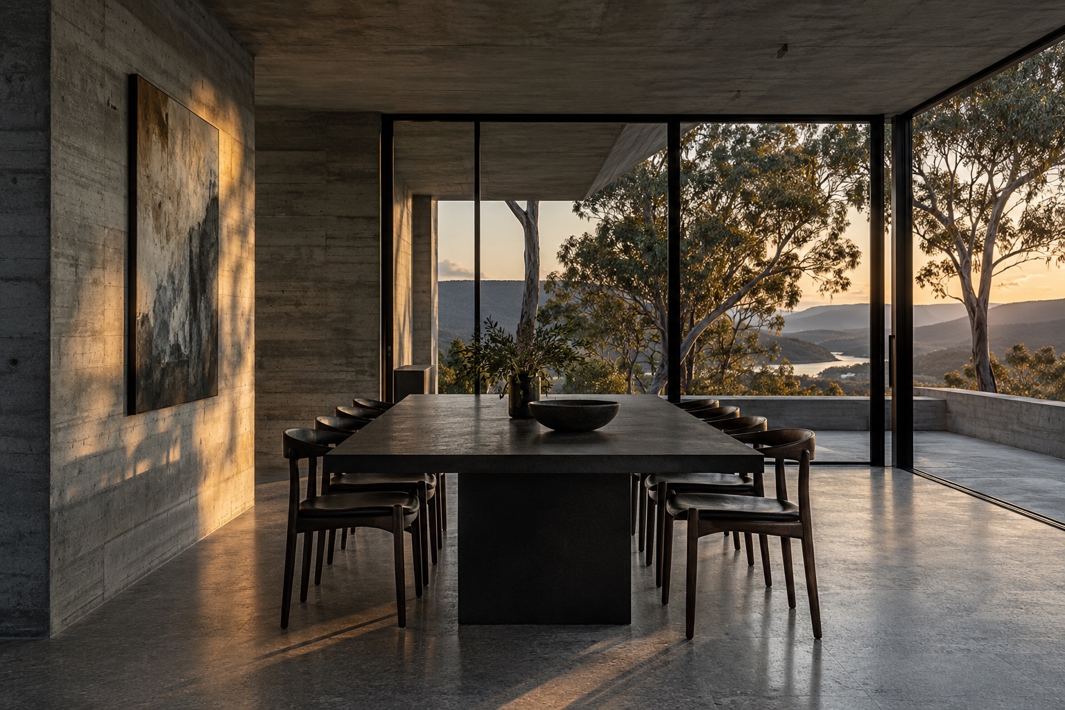 A raw concrete dining room with dark timber chairs overlooking native trees