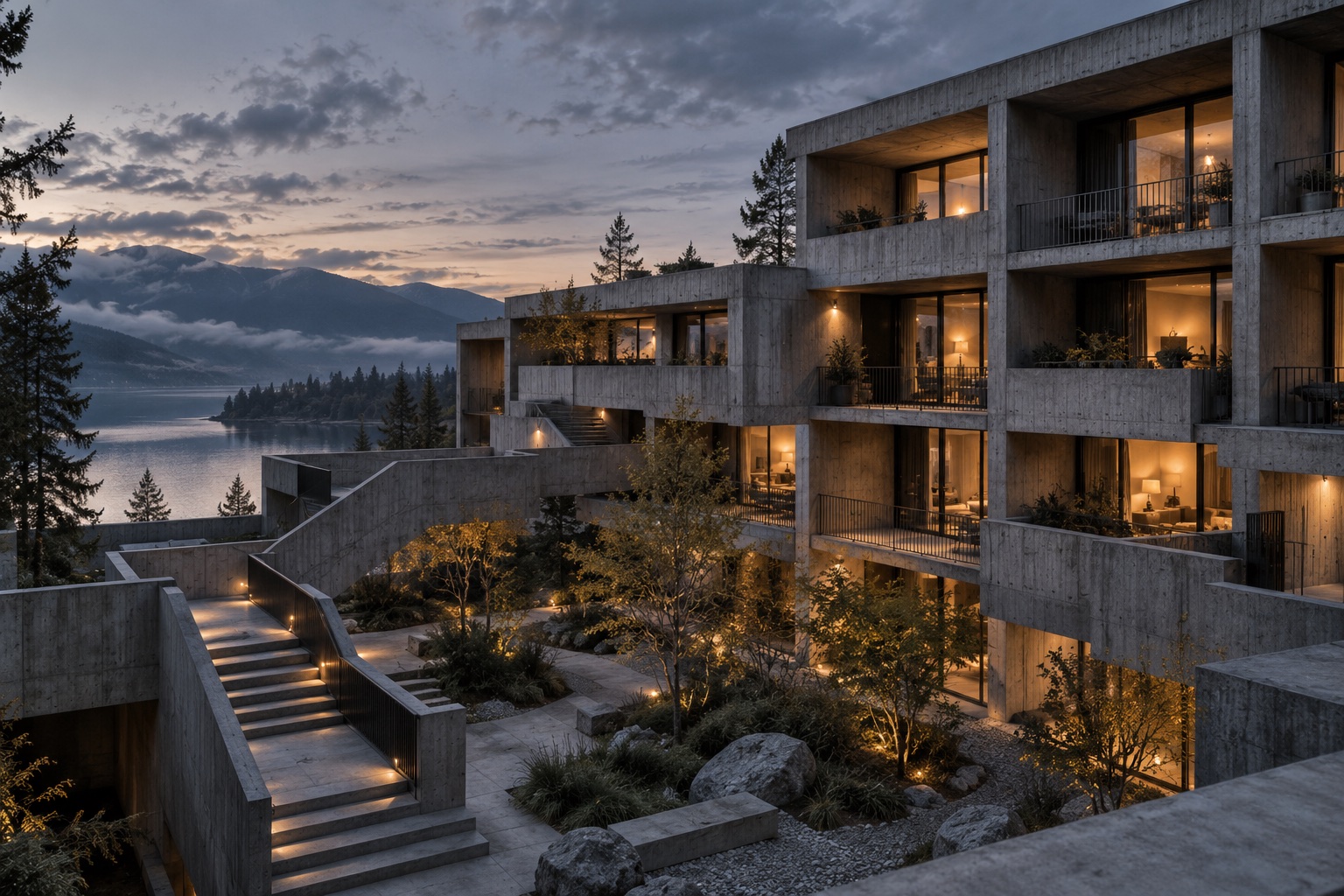 Fern Lane, stepped brutalist concrete apartments around a shared garden