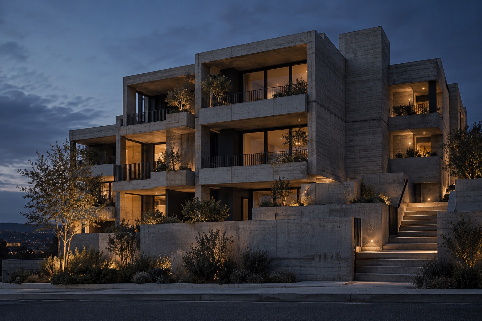 Deep concrete balconies with warm apartment lights at night