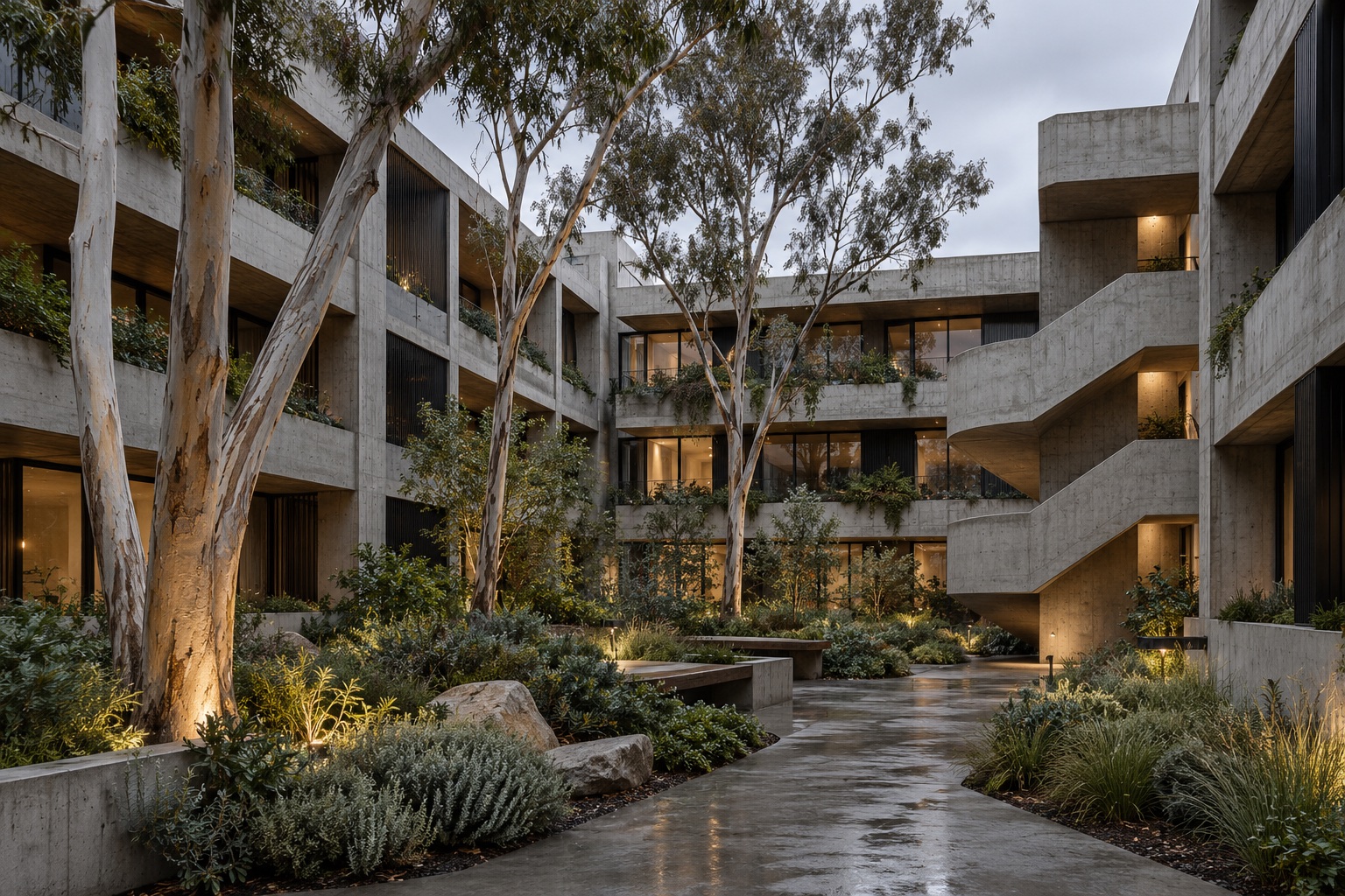 A shared courtyard enclosed by stepped concrete apartments