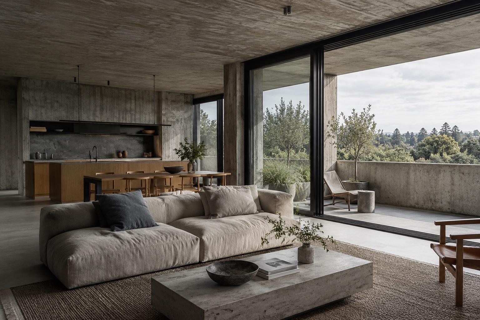 A concrete apartment interior opening onto a deep garden balcony