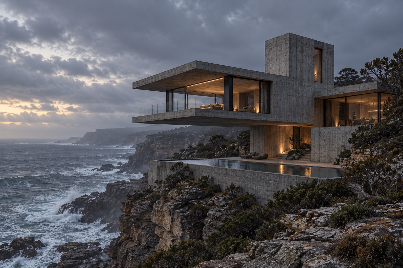 Headland House, a cantilevered raw concrete home and pool above the Pacific