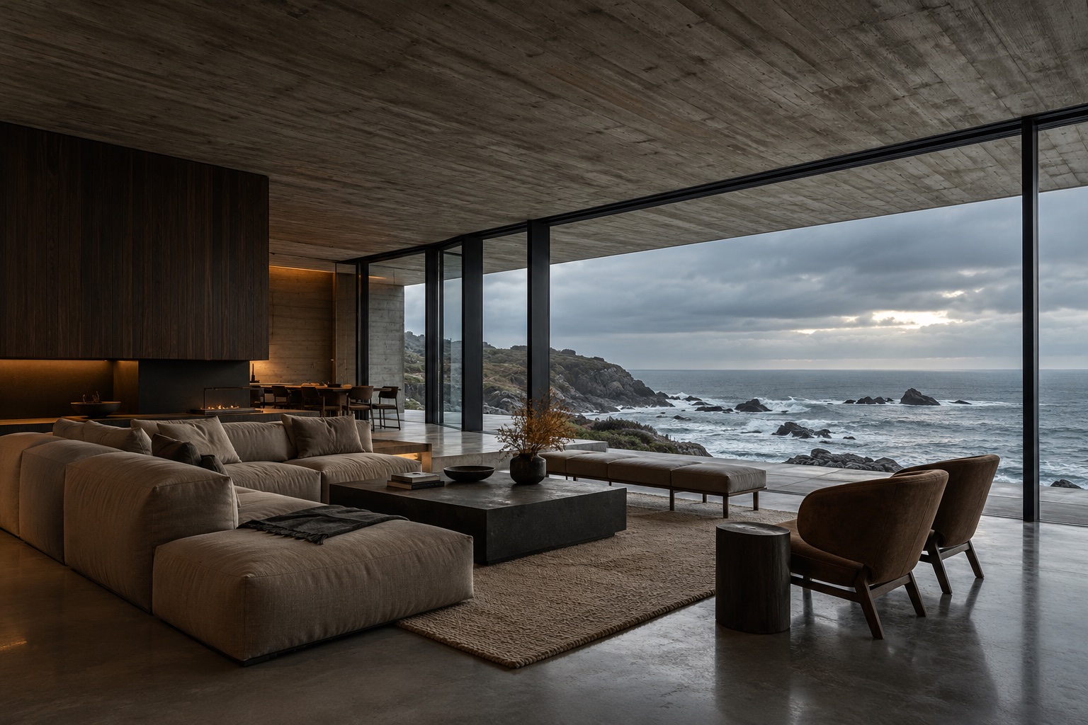 A concrete living room opening to the grey Pacific through black steel glazing