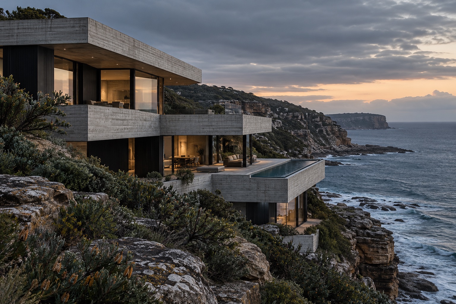 Concrete terraces stepping down a rugged coastal sandstone slope