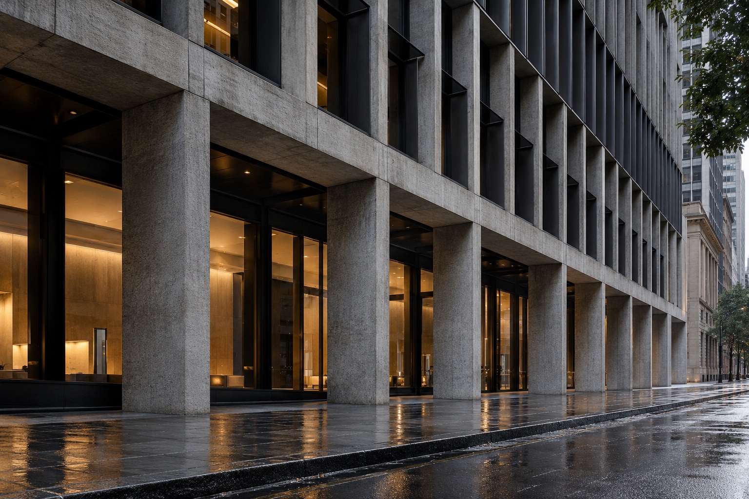 A monumental concrete colonnade along a rain-dark city footpath