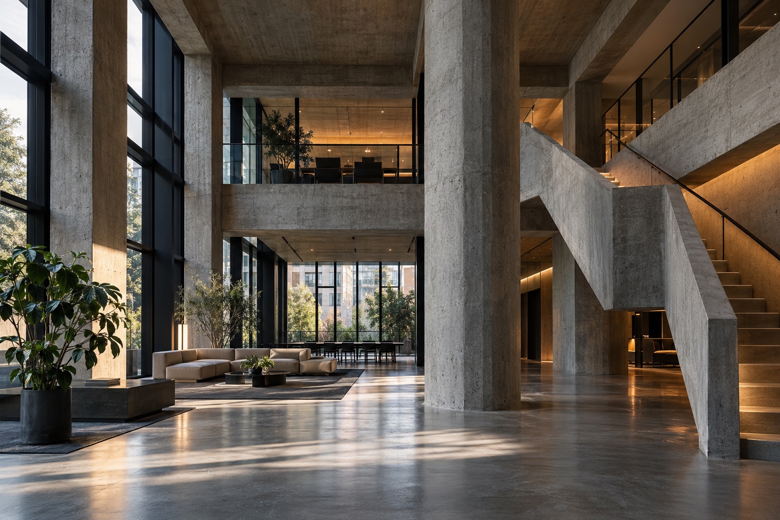 A double-height concrete workplace atrium with a sculptural stair