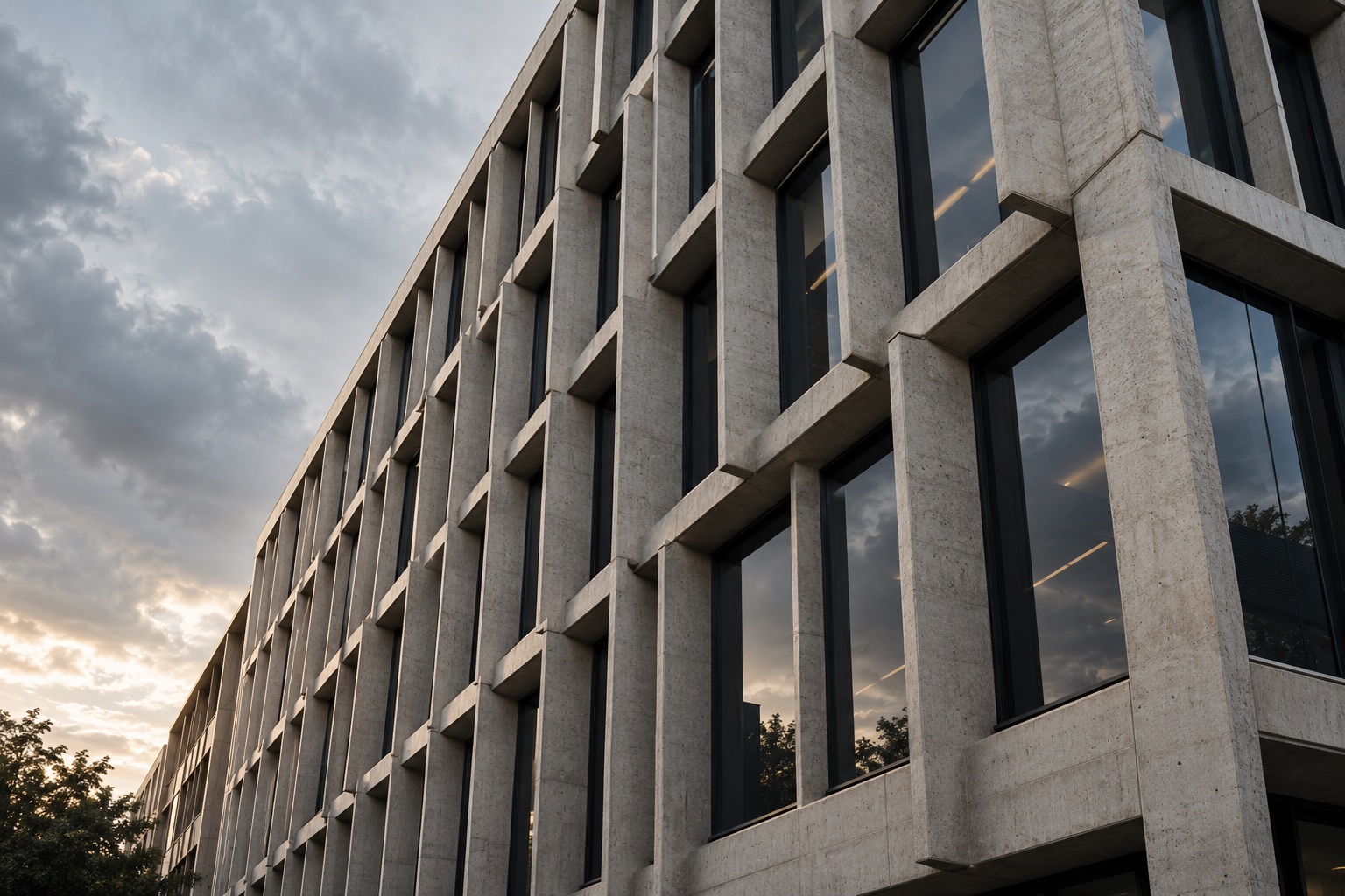 Deep concrete sunshade fins and recessed dark glazing on the office facade