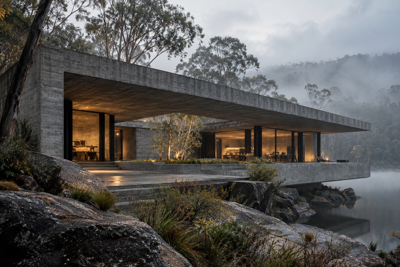 Ridgeline Studios, a low concrete pavilion among misty eucalyptus trees