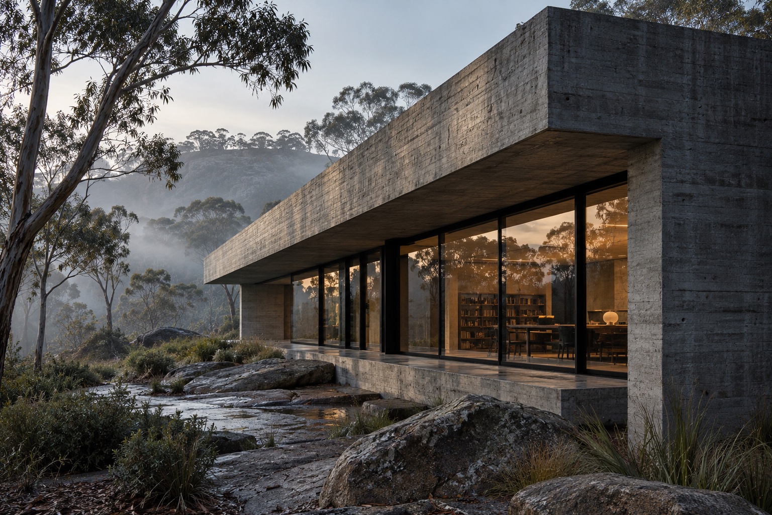 A glazed studio beneath a heavy concrete roof among eucalypts