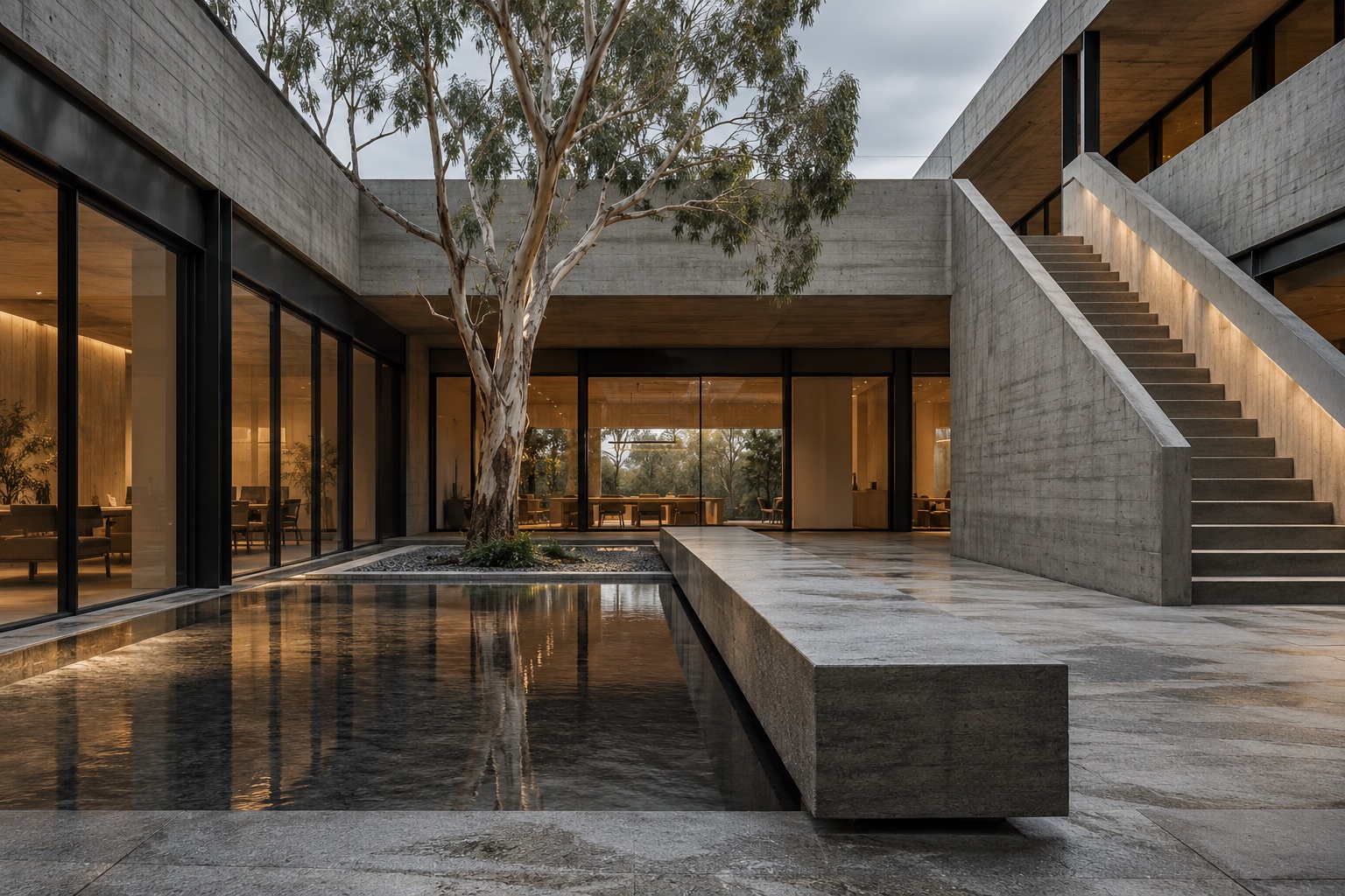 A sheltered concrete courtyard with a tree and reflecting water