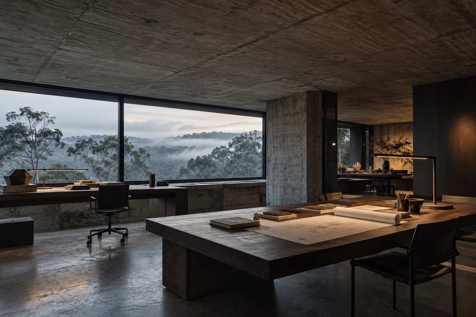 A concrete workspace with dark oak desks overlooking the misty forest