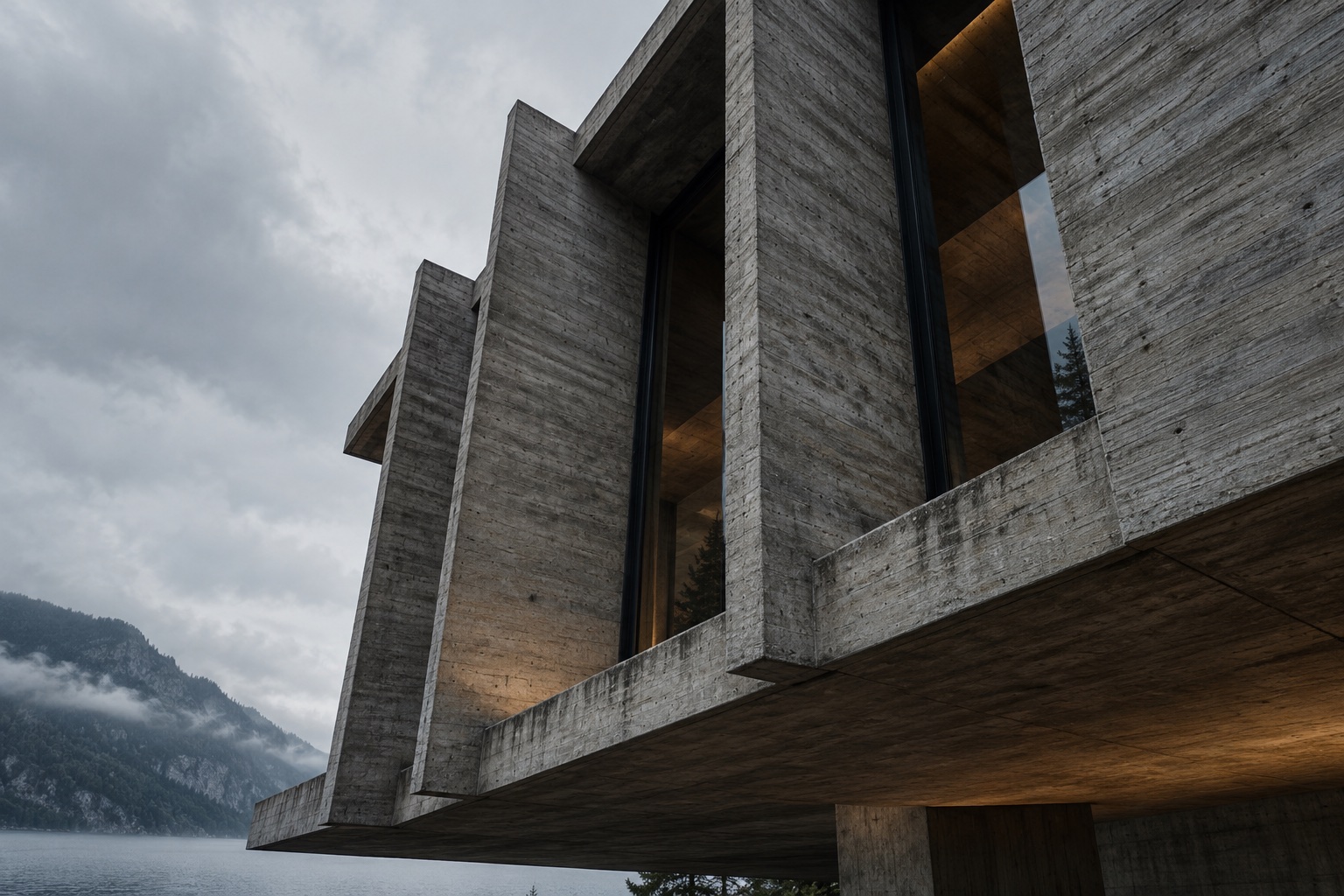 Weathered concrete fins and deeply recessed windows against a grey sky