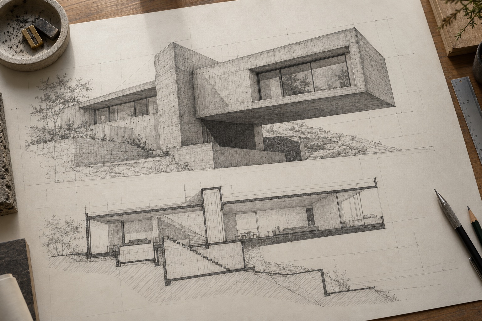 A graphite elevation and section study of a cantilevered concrete house