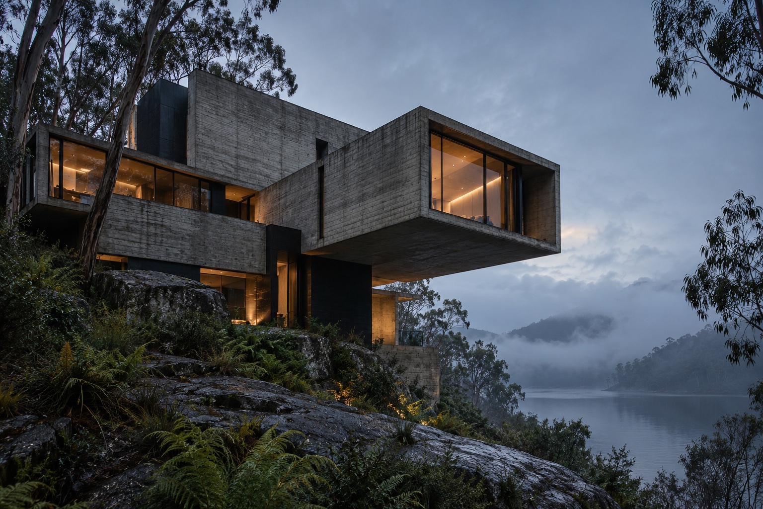 A sculptural concrete house among misty eucalyptus trees