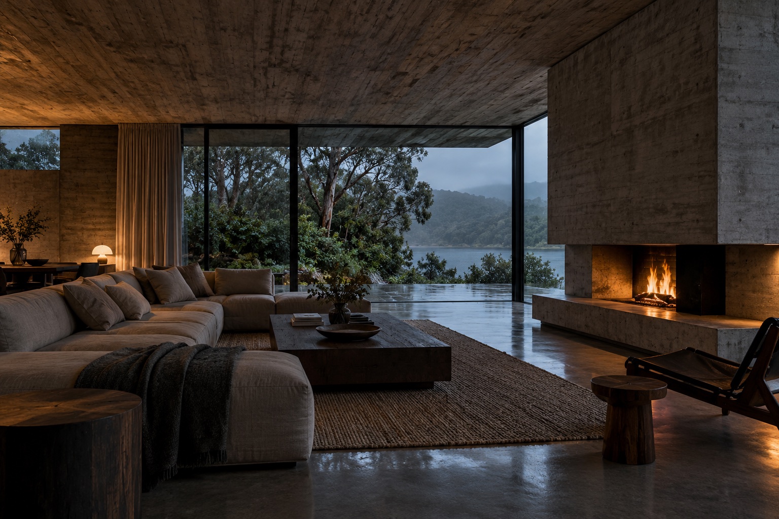 A board-formed concrete living room opening to a leafy garden