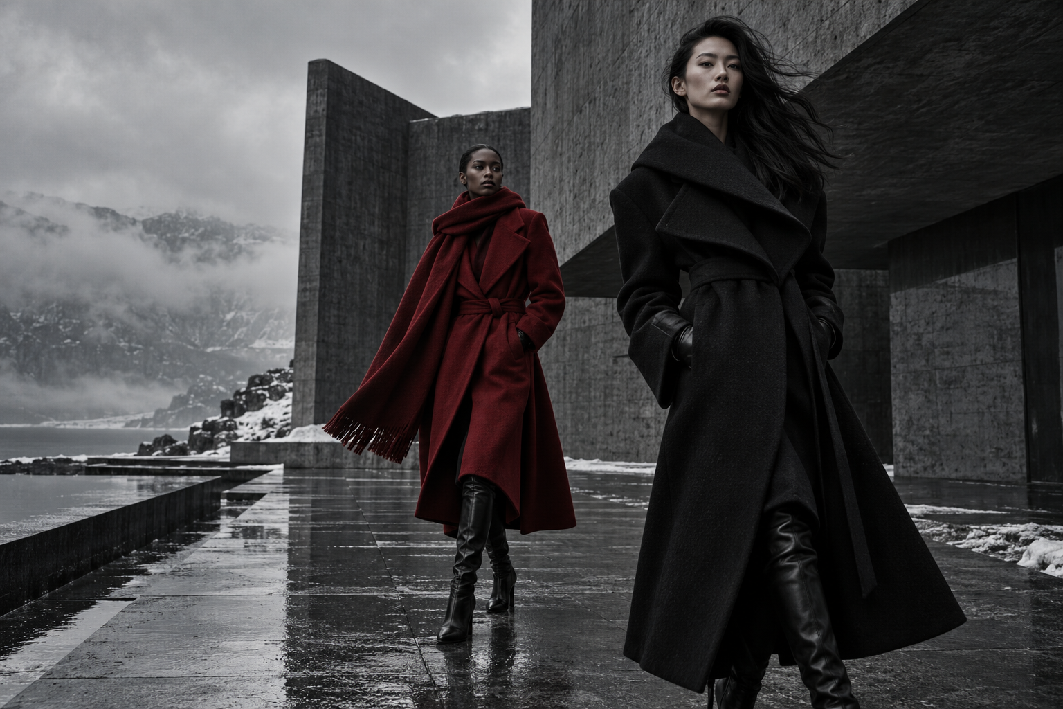 Diverse winter campaign cast in red and black designer coats