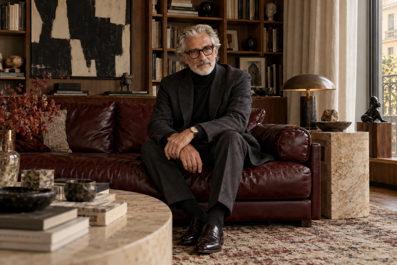 Concept founder Alex Ren, a stylish older Italian man with silver hair, a beard and glasses, gazing into the camera from an oxblood leather lounge in a book-lined room