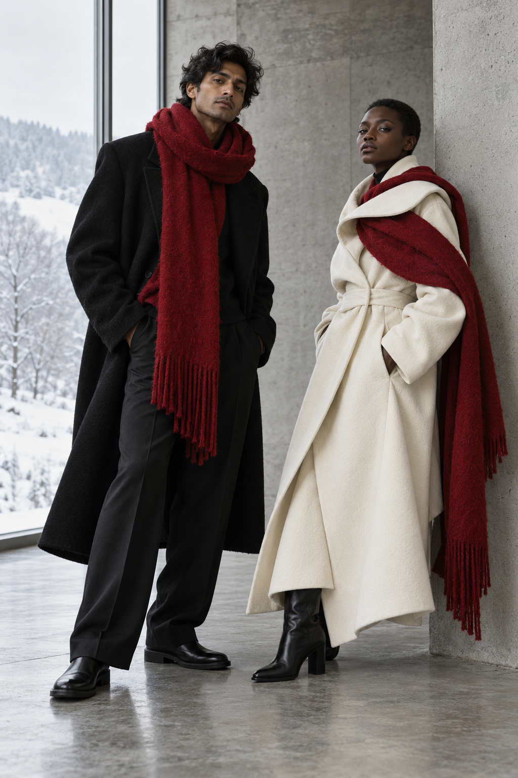 South Asian and Black models in black and ivory coats with oxblood scarves