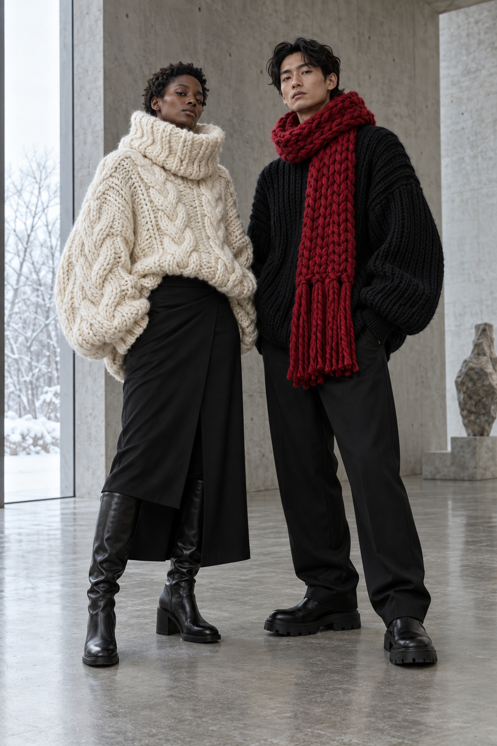 Black and East Asian models wearing oversized ivory and black knitwear