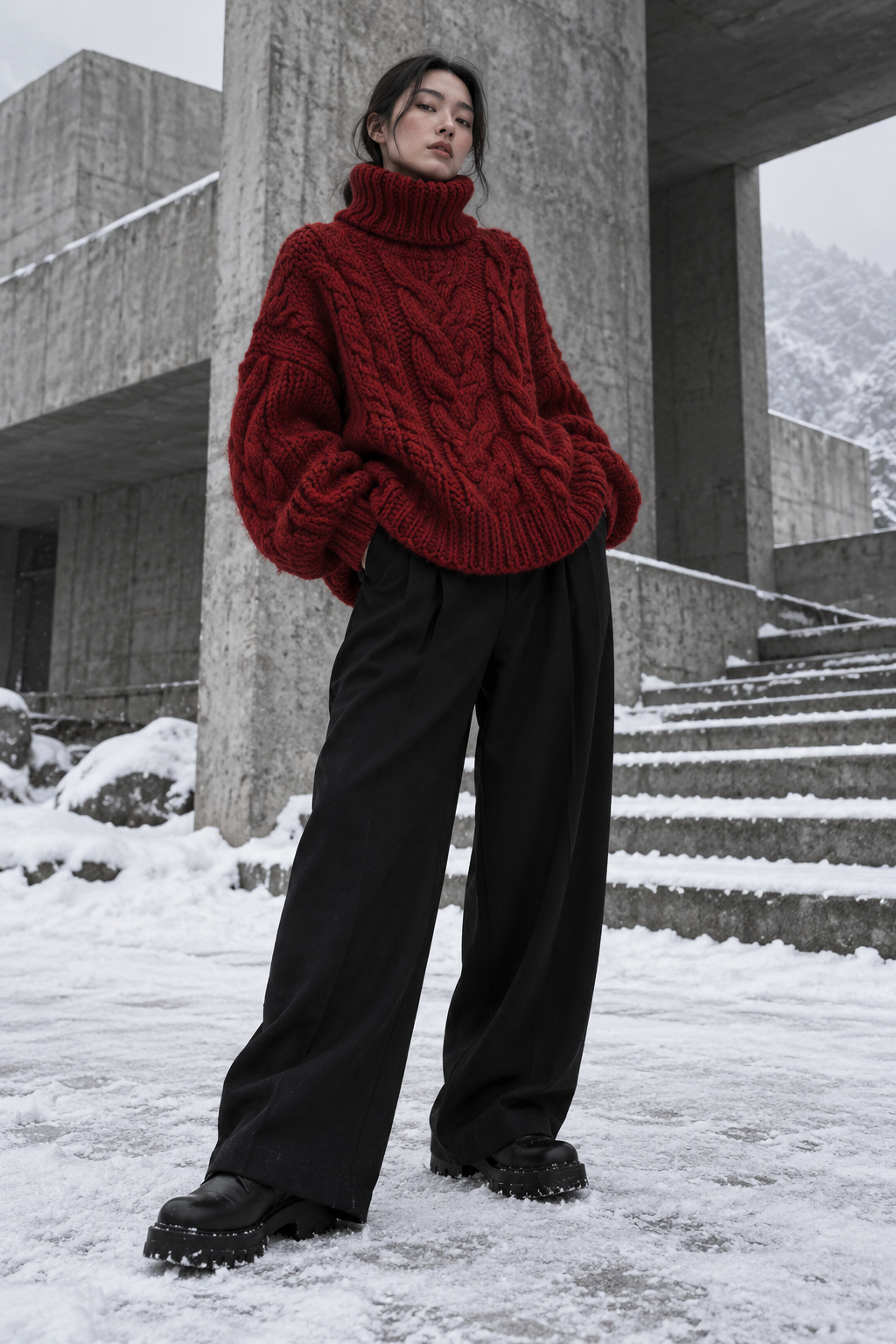 East Asian model wearing a chunky oxblood cable knit jumper