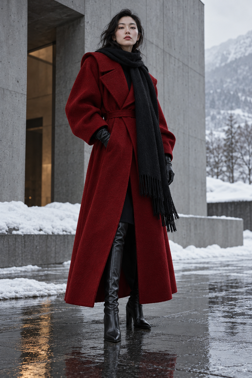 East Asian model in an oxblood coat, scarf and tall boots