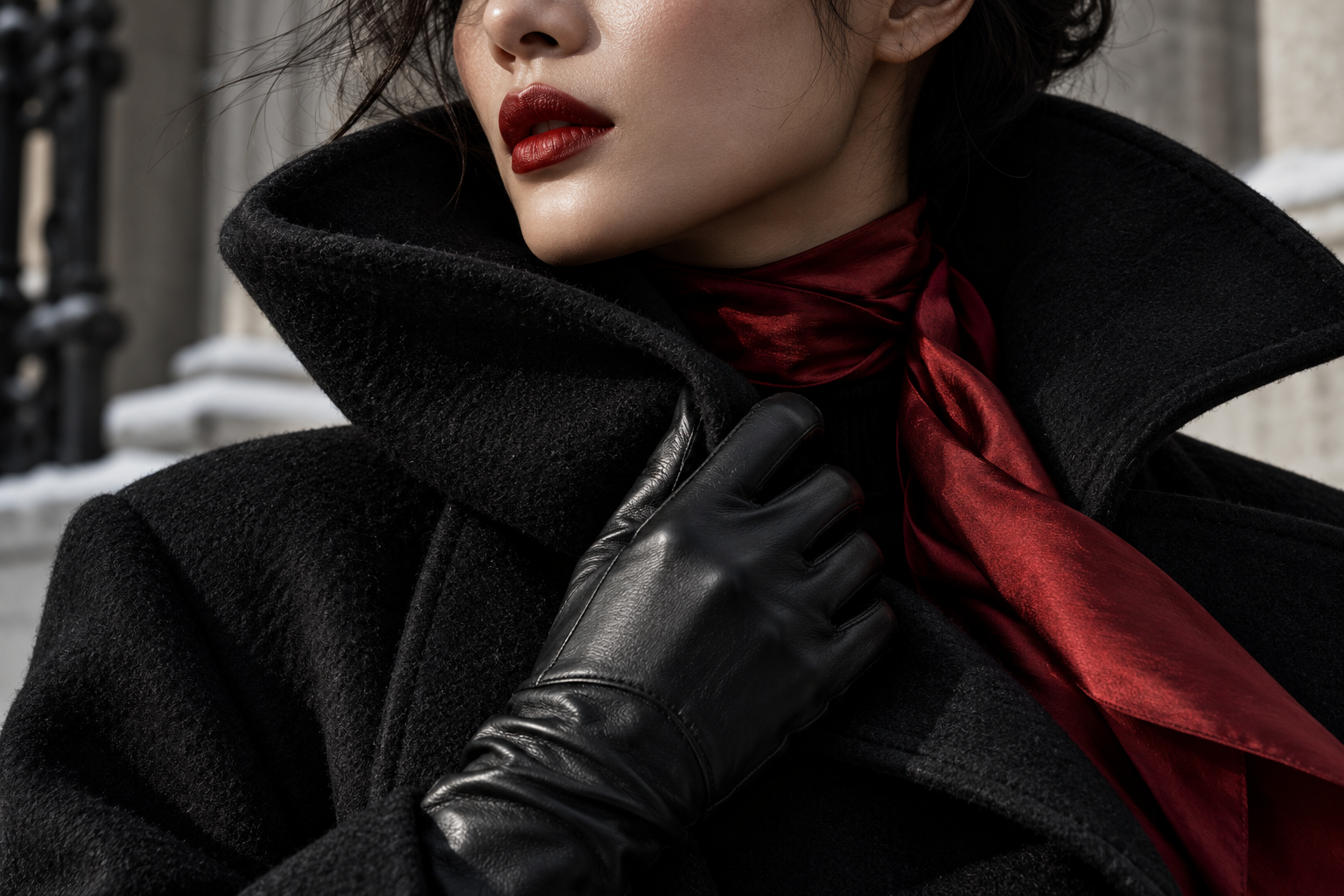 Close-up of black wool, leather gloves and oxblood silk