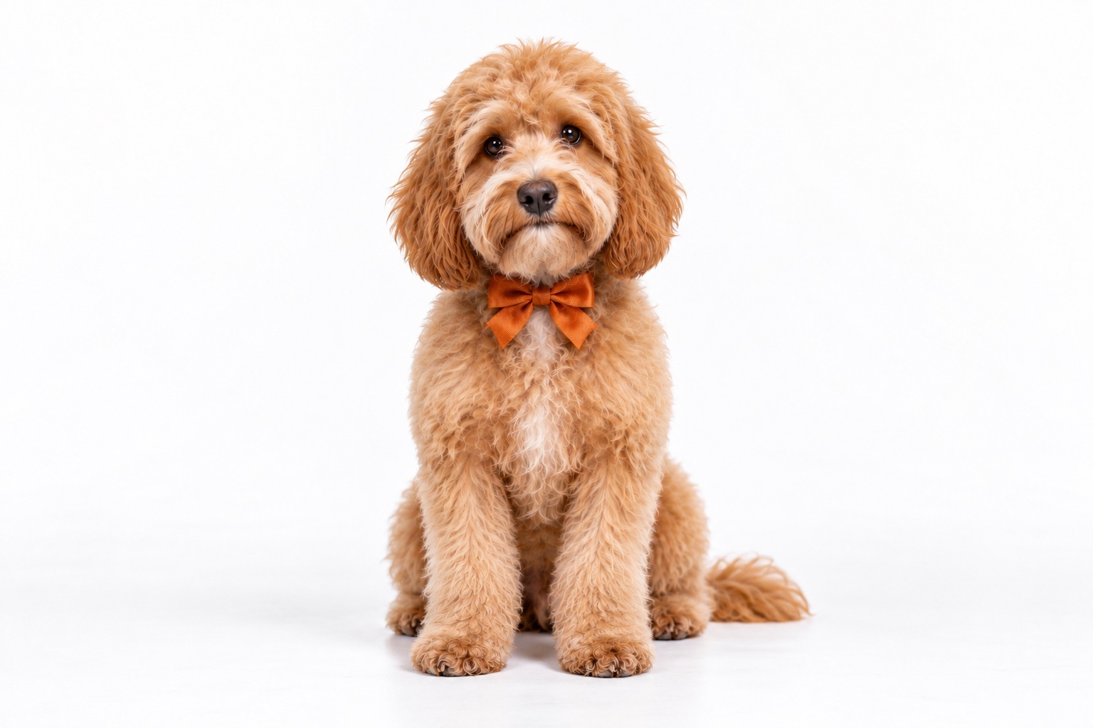 AFTER: the same doodle freshly groomed, fluffy and proud, with a bow (same pose and angle as BEFORE)