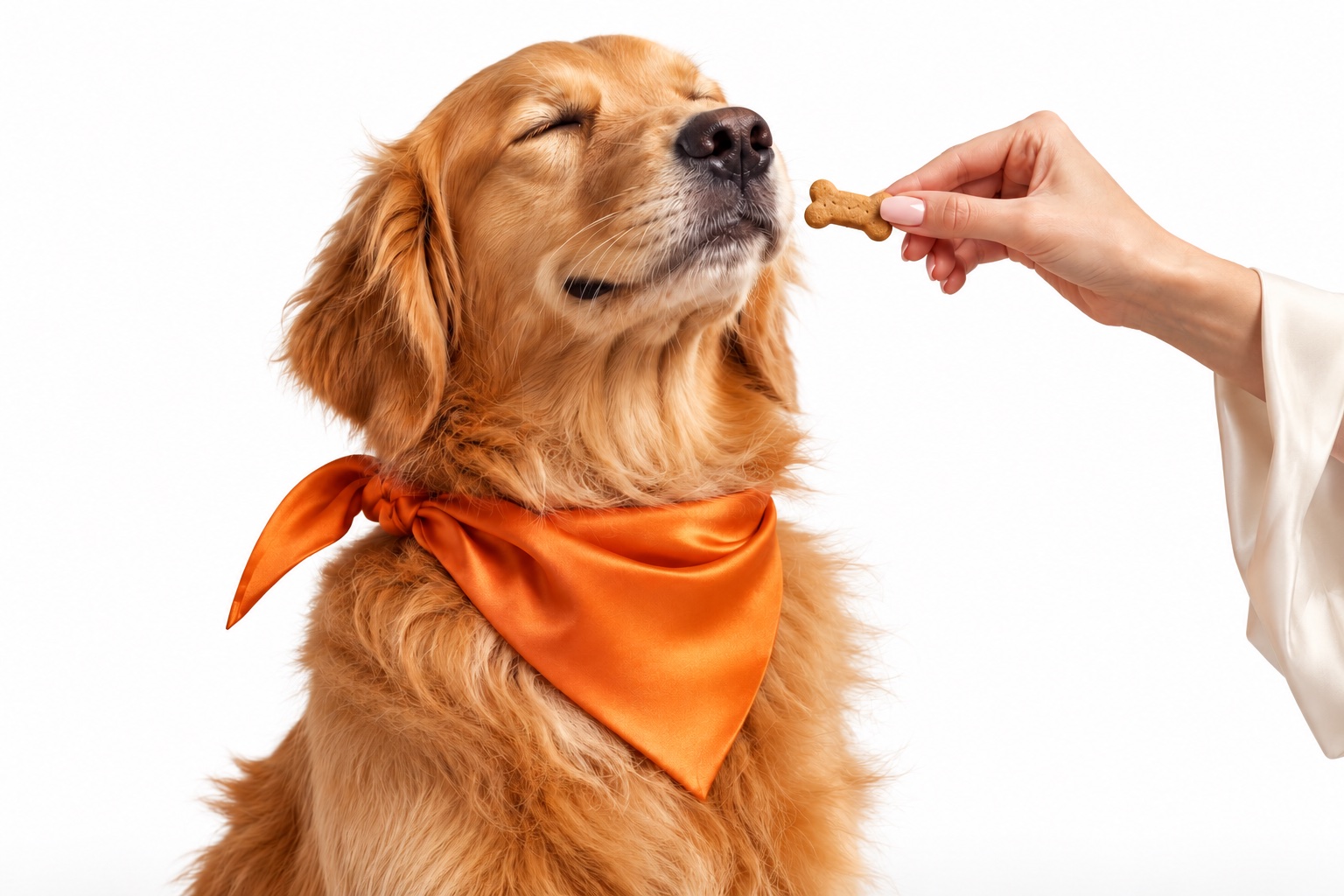 A smug dog in a fresh bandana getting a treat, eyes closed in bliss