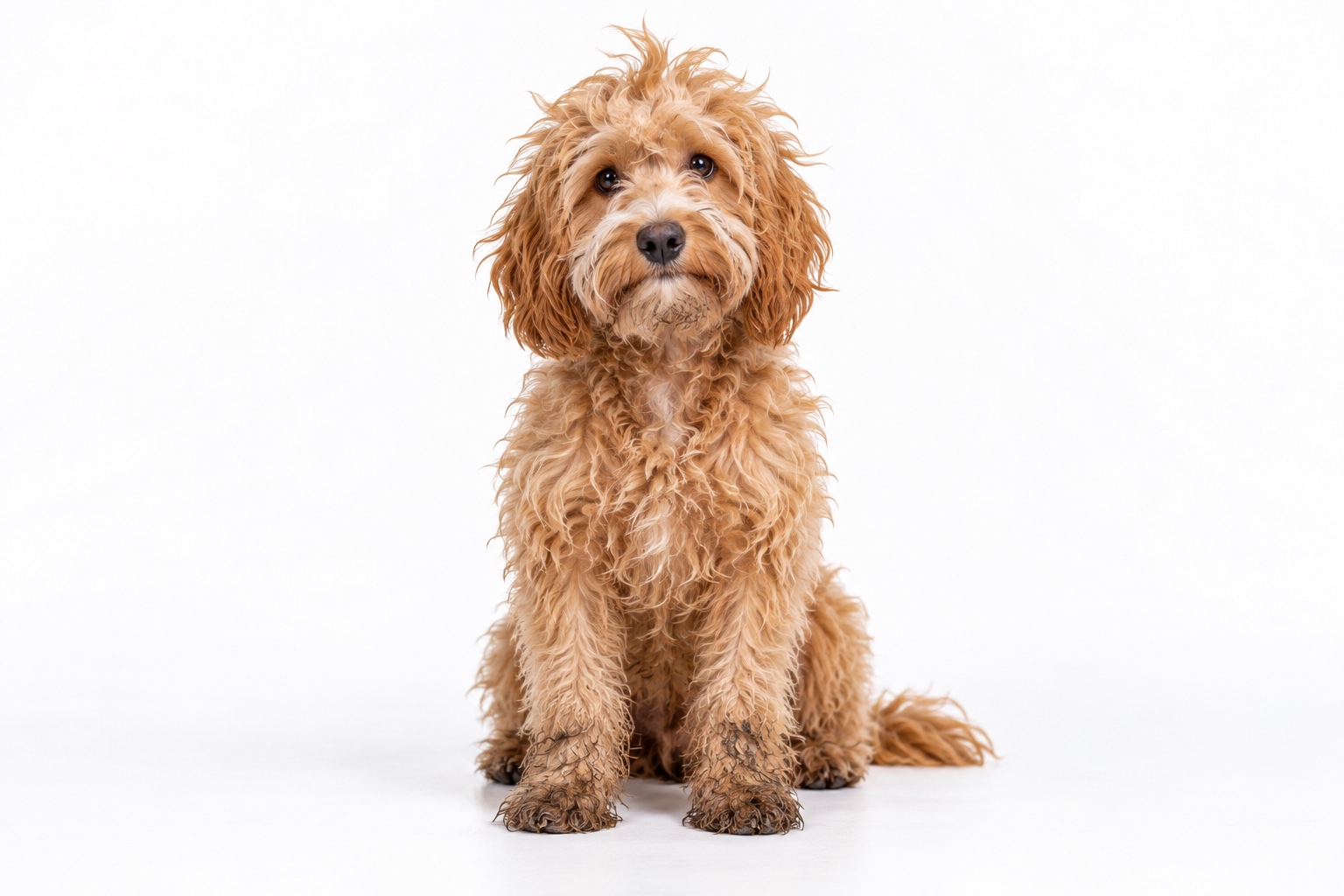 BEFORE: a scruffy, muddy, matted doodle looking sheepish (same dog as AFTER, same pose and angle)