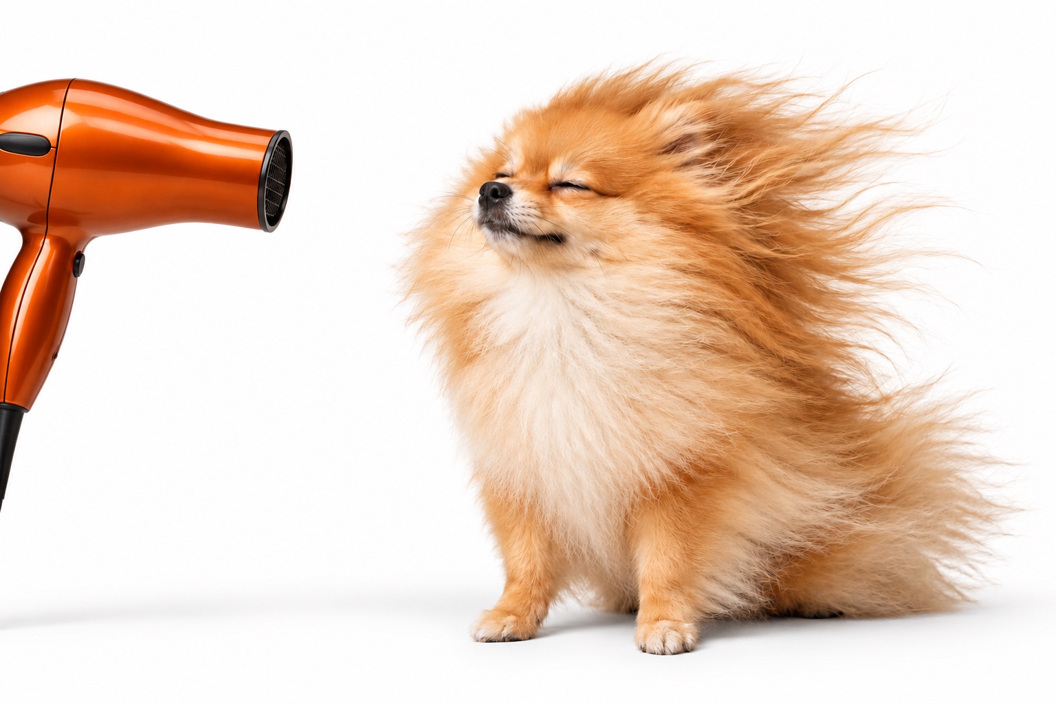 A fluffy dog facing a blow-dryer, ears flying back, cheeks puffed out by the wind