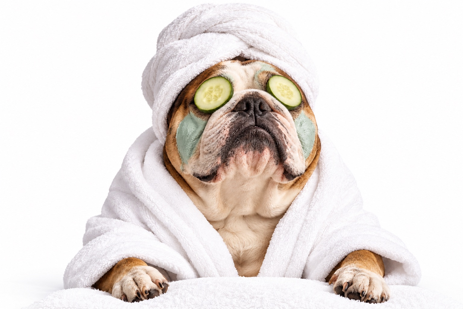 A relaxed dog at a spa: towel turban on its head, cucumber slices over its eyes, green face mask