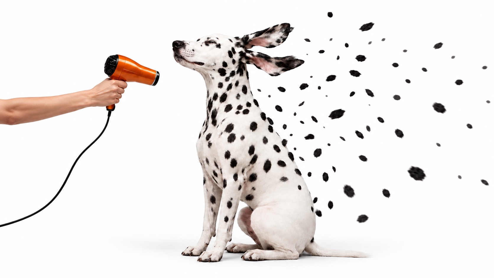 A Dalmatian getting a blow-dry, its black spots flying off into the air against a white studio background