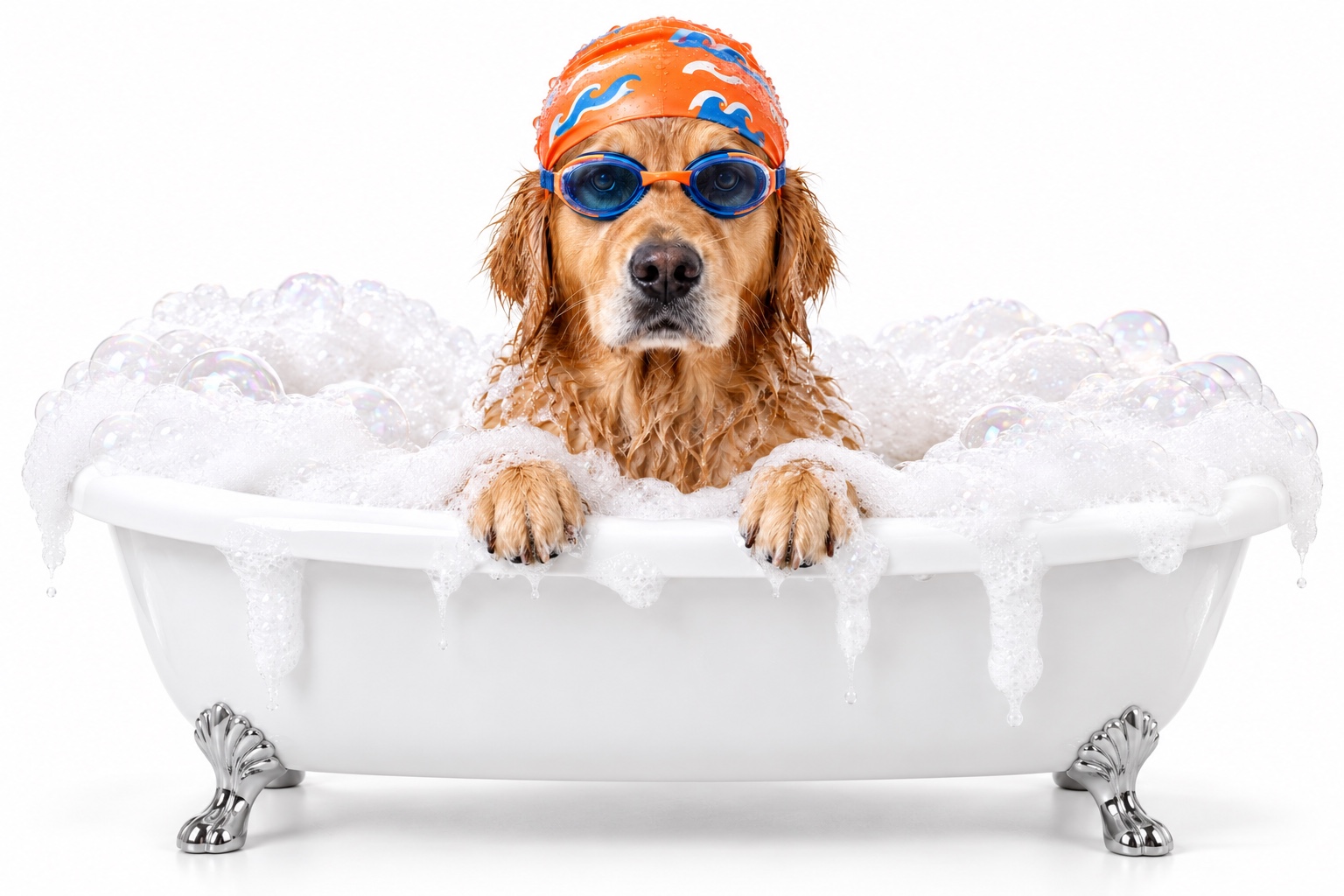 A golden dog in a bubble bath wearing blue swimming goggles and an orange swim cap