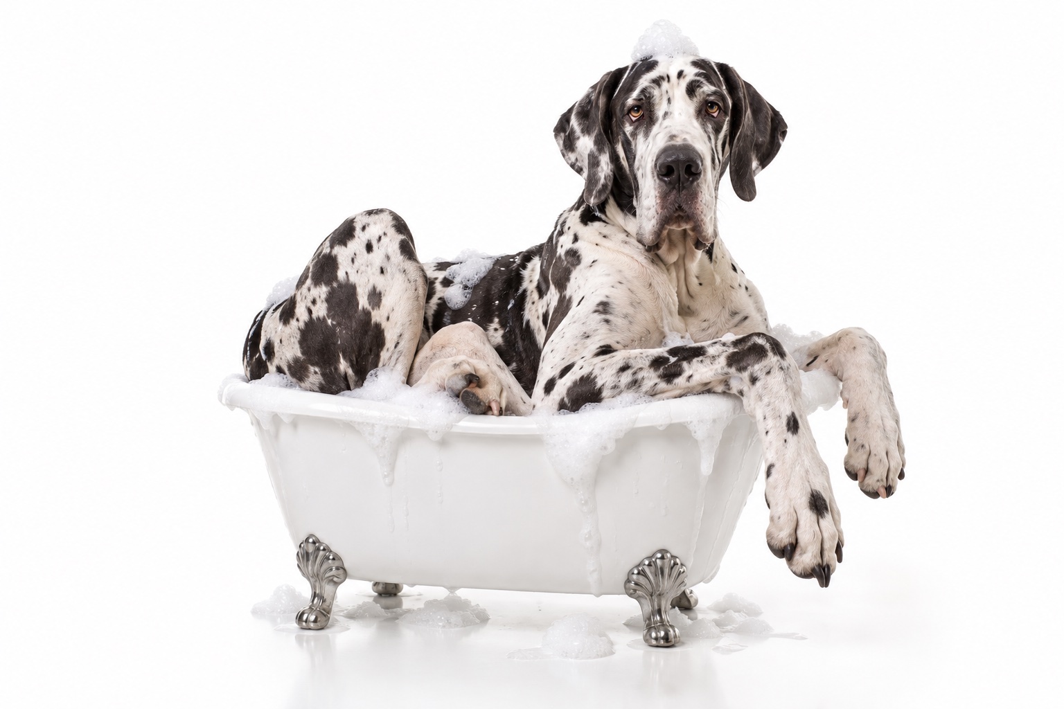 A Great Dane squeezed into a bathtub far too small for it, legs everywhere, bubbles, deadpan face