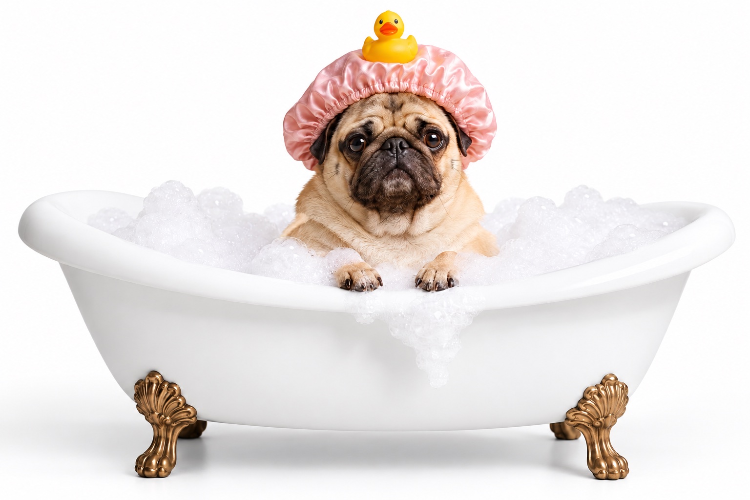 A pug in a frothy bubble bath wearing a pink shower cap, a rubber duck balanced on its head, pastel tiled bathroom