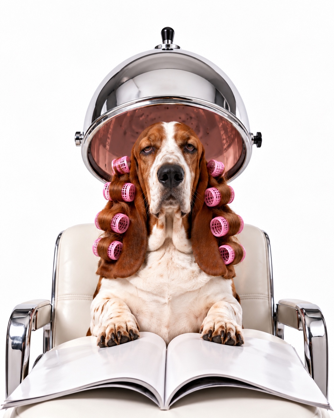 A dog sitting under a retro salon hood dryer, reading a magazine, rollers in its ears