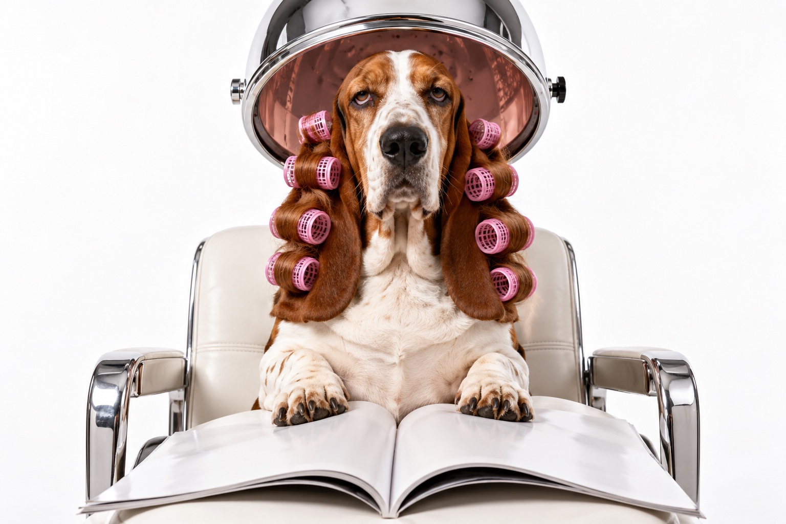 A dog sitting under a retro salon hood dryer, reading a magazine, rollers in its ears
