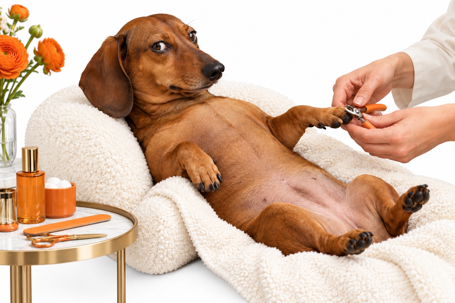 A dog lying on its back getting a nail trim, giving the groomer a dramatic side-eye