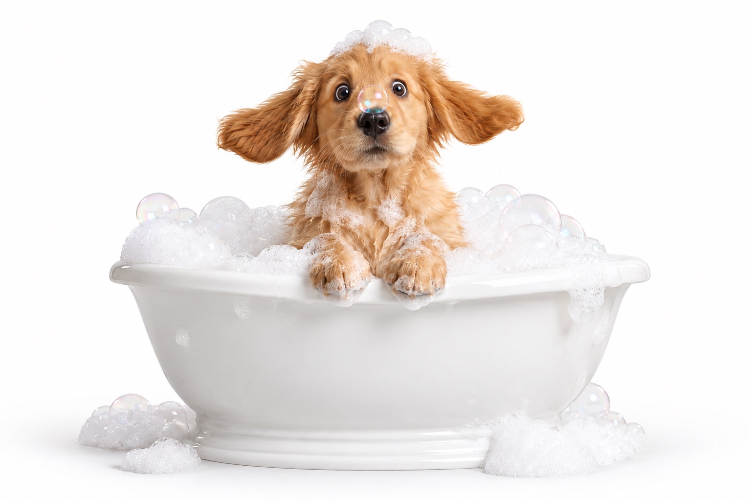 A tiny puppy sitting in a sink full of bubbles, looking shocked, a bubble on its nose
