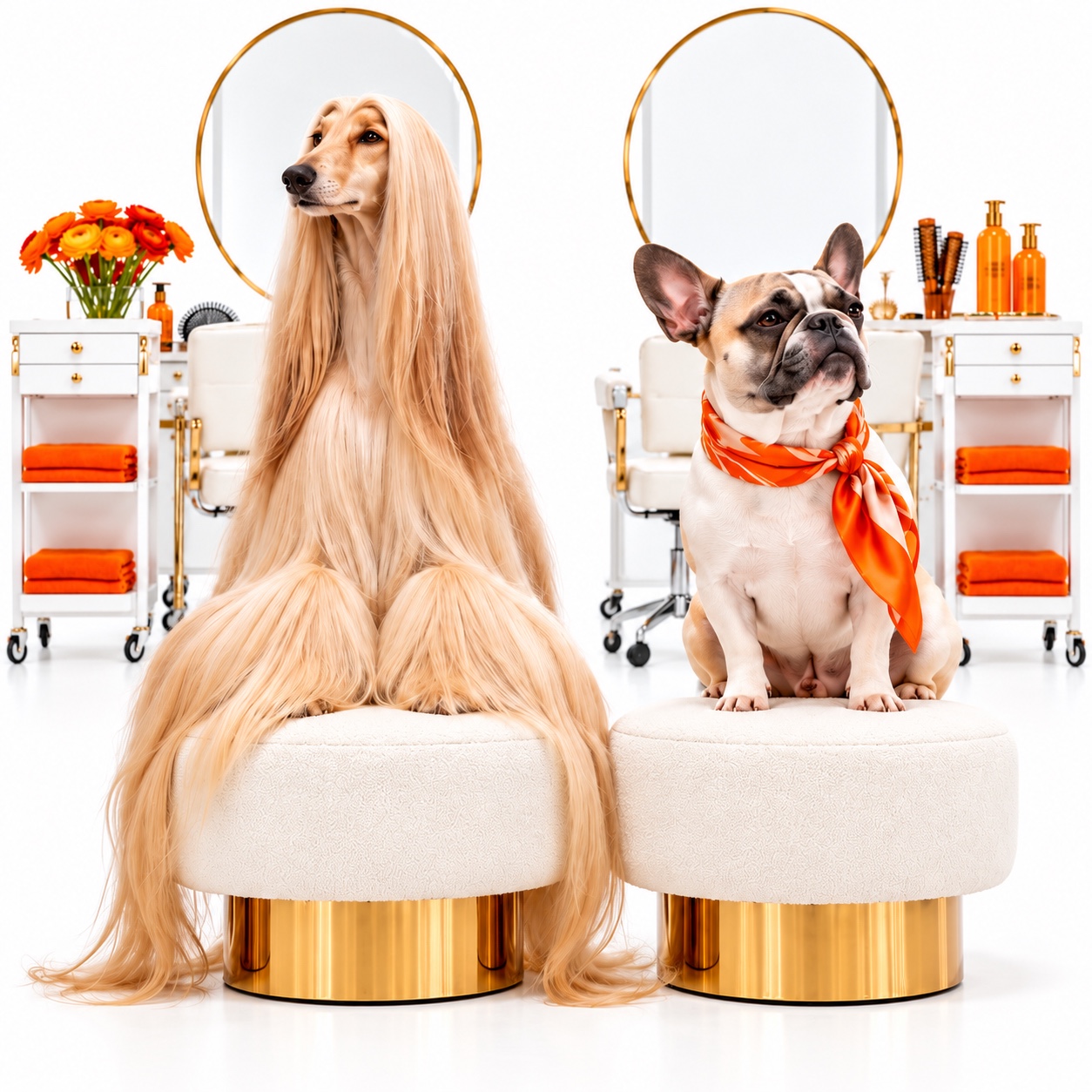 An Afghan hound and French bulldog posing on stools in a white salon studio with orange accessories